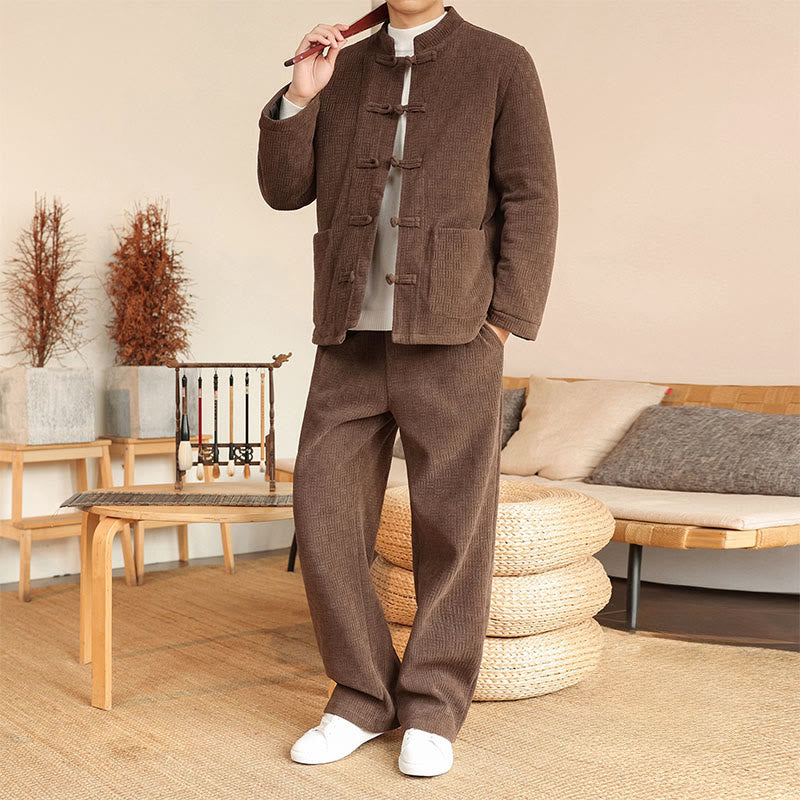 Buddha Stones 2Pcs Winter Solid Men's Tang Suit Frog-Button Cotton Long Sleeve Jacket Pants Set With Pockets - image 27