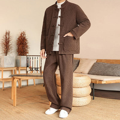 Buddha Stones 2Pcs Winter Solid Men's Tang Suit Frog-Button Cotton Long Sleeve Jacket Pants Set With Pockets - image 31
