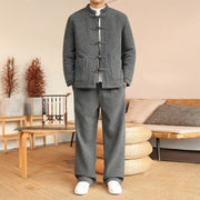 Foviel 2Pcs Winter Solid Men's Tang Suit Frog-Button Cotton Long Sleeve Jacket Pants Set With Pockets