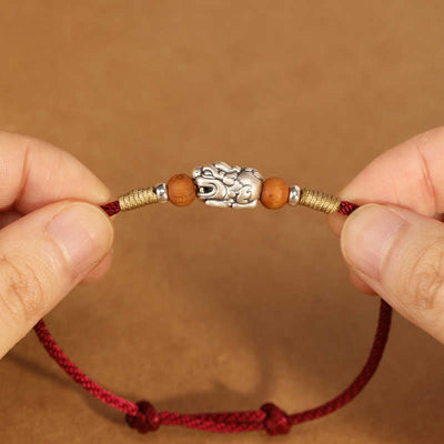 Buddha Stones 999 Sterling Silver Pixiu Charm Peach Wood Bead Handmade String Braided Bracelet Anklet - image 2