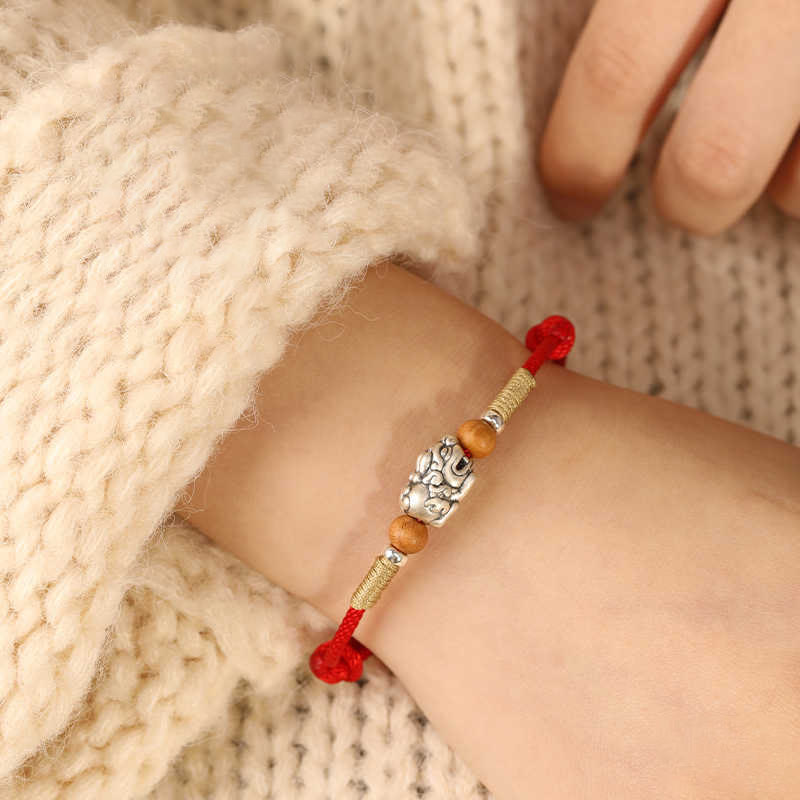 Buddha Stones 999 Sterling Silver Pixiu Charm Peach Wood Bead Handmade String Braided Bracelet Anklet - image 17