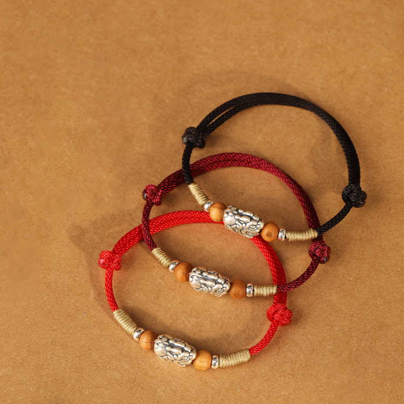 Buddha Stones 999 Sterling Silver Pixiu Charm Peach Wood Bead Handmade String Braided Bracelet Anklet - image 22