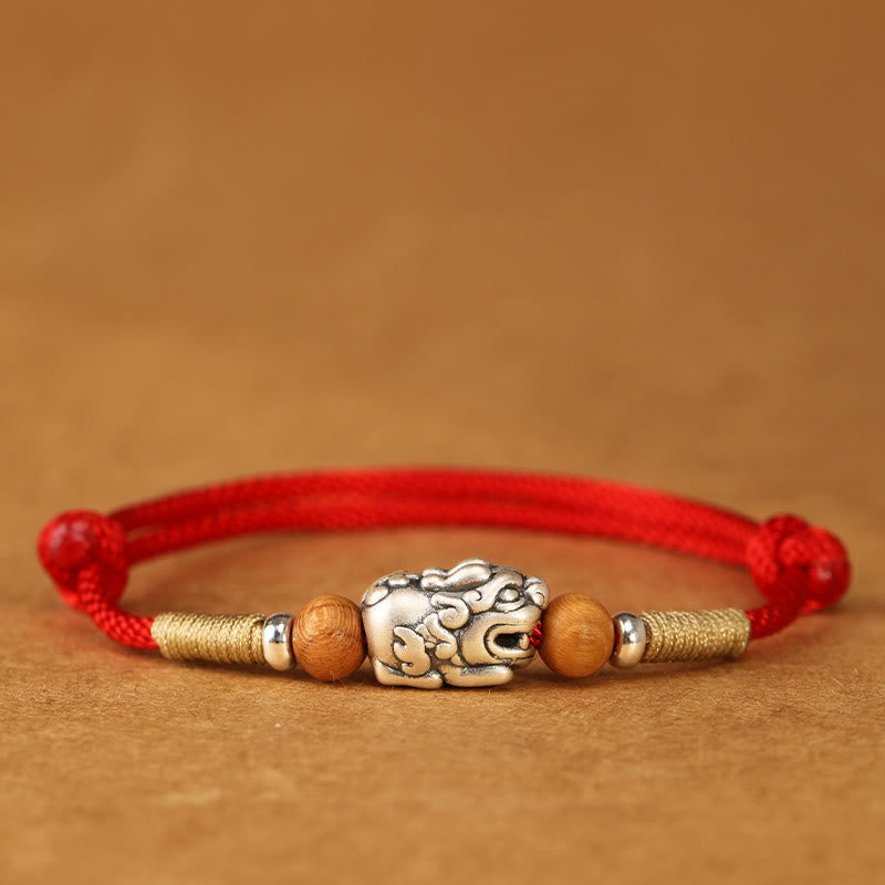Buddha Stones 999 Sterling Silver Pixiu Charm Peach Wood Bead Handmade String Braided Bracelet Anklet - Red String Anklet - image 16