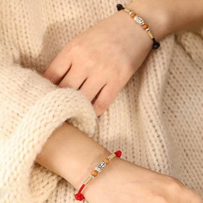 Buddha Stones 999 Sterling Silver Pixiu Charm Peach Wood Bead Handmade String Braided Bracelet Anklet - image 19