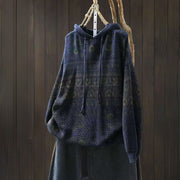 Foviel Fall Striped Geometric Flowers Cotton Women's Long Sleeve Pullover Knitted Hoodie