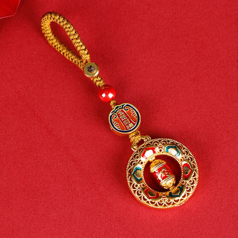 Buddha Stones Copper Prayer Wheel Five Directions Gods Of Wealth Balance Rotatable Key Chain - Five Directions Gods of Wealth - Button Rope - image 0