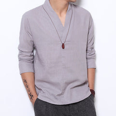 Buddha Stones Casual V-Neck Long Sleeve Shirt Linen Men Clothing - Gainsboro - US/UK/AU44，EU54 (5XL) - image 0