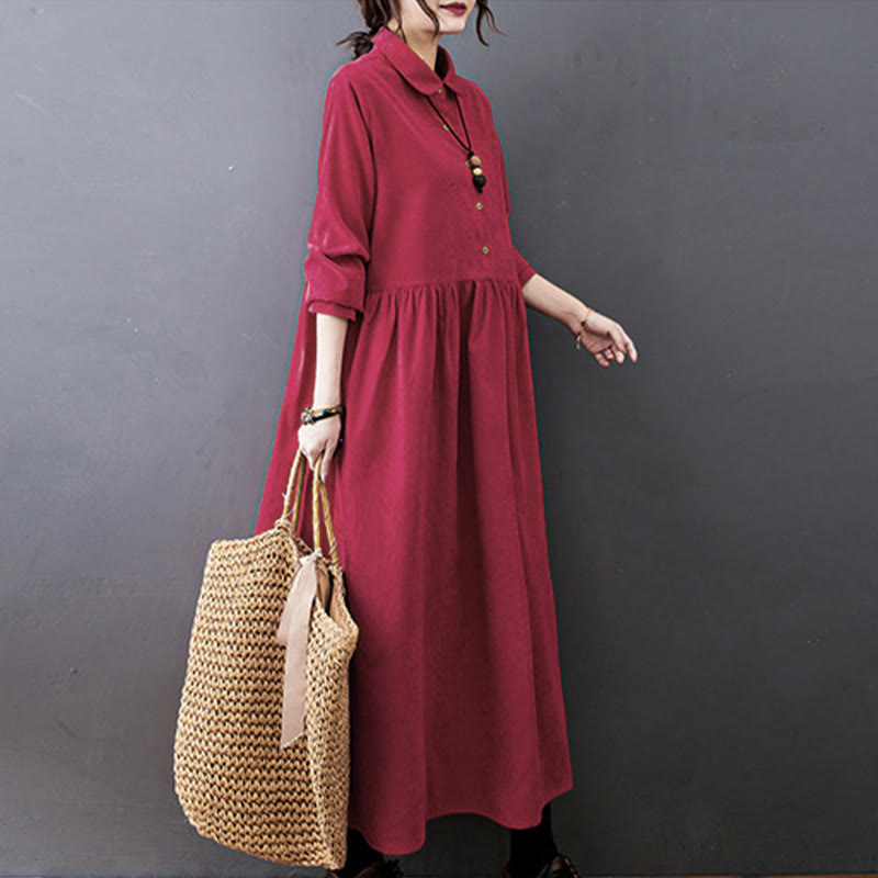 Buddha Stones Fall Buttons Design Long Sleeve Cotton Corduroy Midi Dress With Pockets - image 11