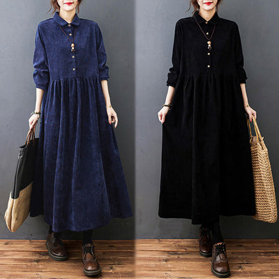 Buddha Stones Fall Buttons Design Long Sleeve Cotton Corduroy Midi Dress With Pockets - image 27