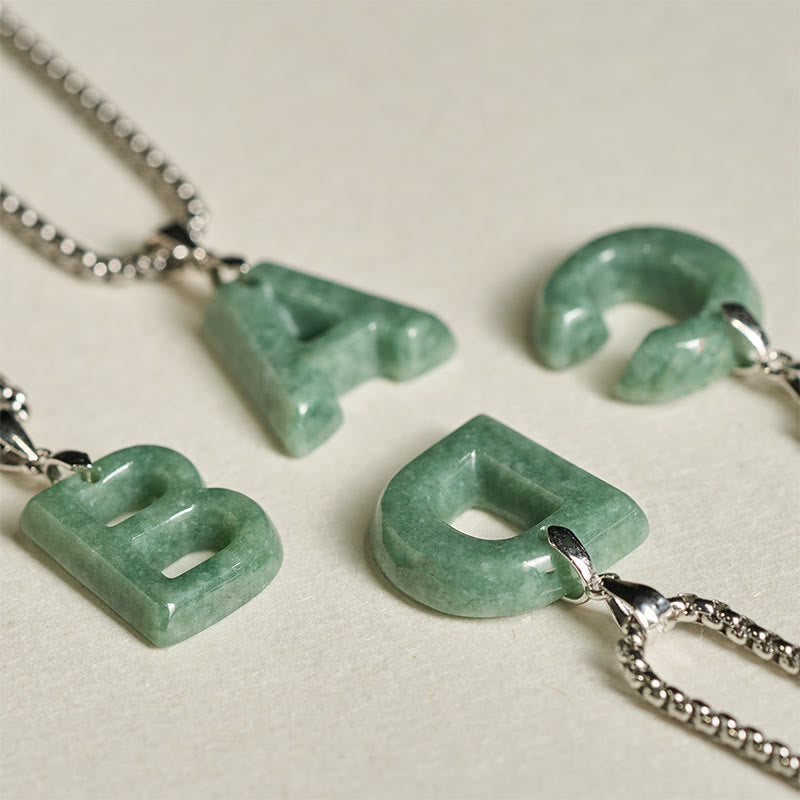 Buddha Stones Natural A-Z Letter Jade Titanium Steel Wide Chain Prosperity Necklace Pendant - image 37