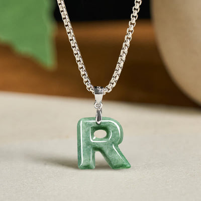 Buddha Stones Natural A-Z Letter Jade Titanium Steel Wide Chain Prosperity Necklace Pendant - R - image 26