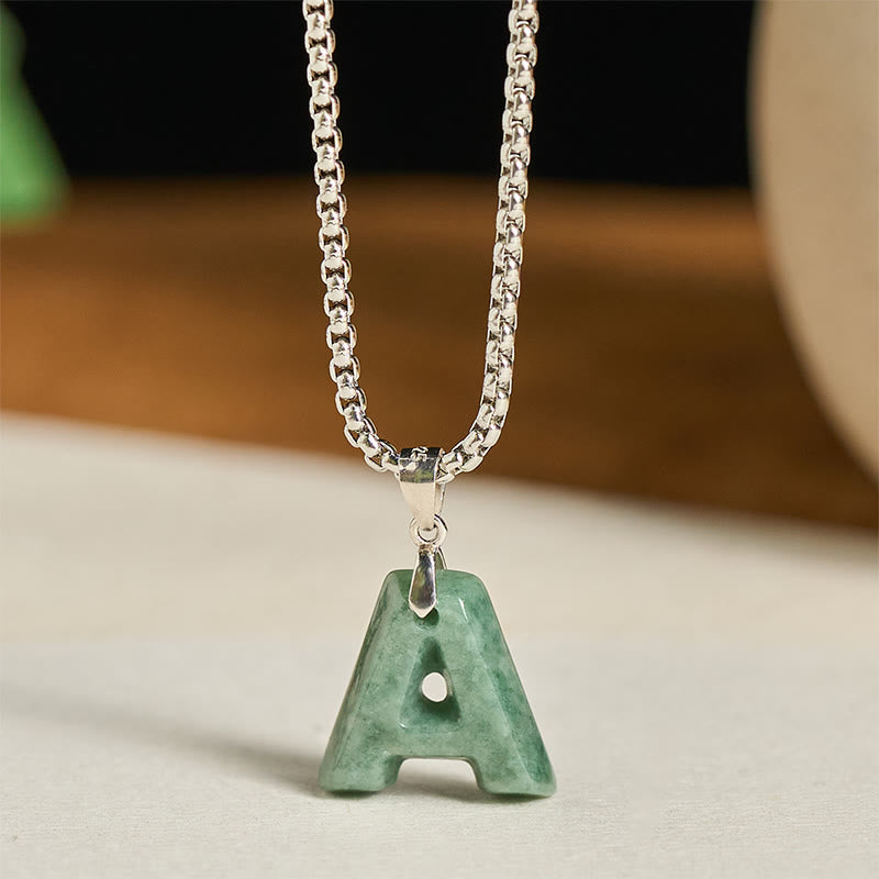 Buddha Stones "May You Find Your Own Meaning" Natural A-Z Letter Jade Titanium Steel Chain Necklace Includes Gift Message Card - image 2
