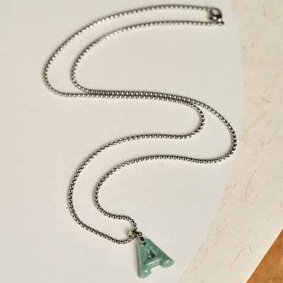 Buddha Stones Natural A-Z Letter Jade Titanium Steel Wide Chain Prosperity Necklace Pendant - image 4