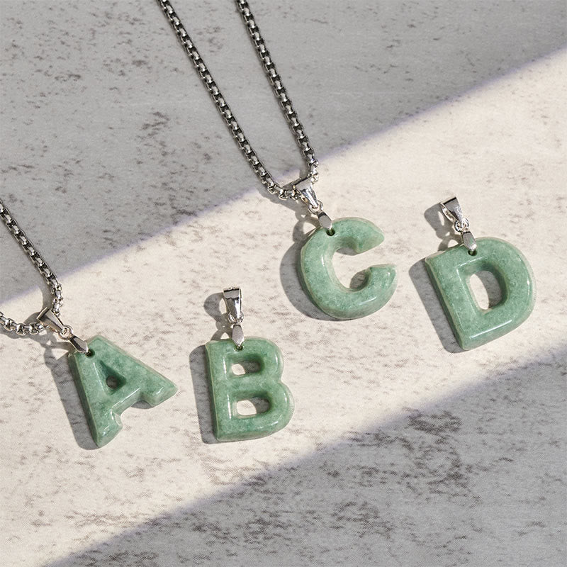 Buddha Stones Natural A-Z Letter Jade Titanium Steel Wide Chain Prosperity Necklace Pendant - image 35