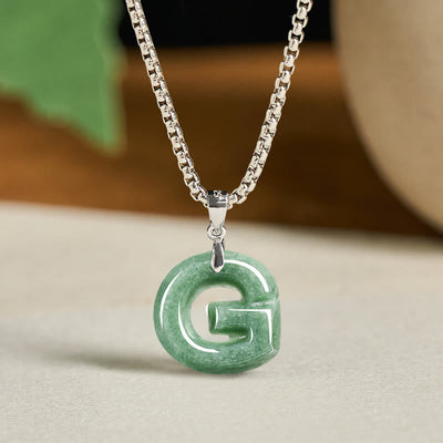Buddha Stones Natural A-Z Letter Jade Titanium Steel Wide Chain Prosperity Necklace Pendant - G - image 15