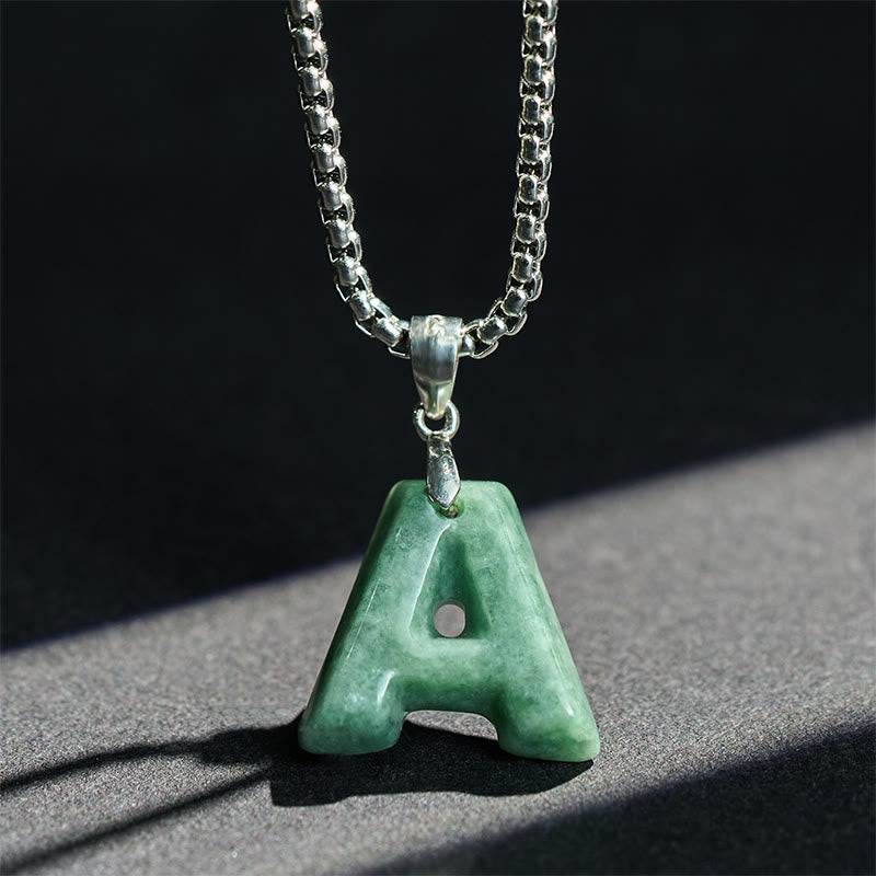 Buddha Stones Natural A-Z Letter Jade Titanium Steel Wide Chain Prosperity Necklace Pendant - image 3