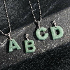 Buddha Stones Natural A-Z Letter Jade Titanium Steel Wide Chain Prosperity Necklace Pendant - image 0