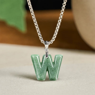 Buddha Stones Natural A-Z Letter Jade Titanium Steel Wide Chain Prosperity Necklace Pendant - W - image 31
