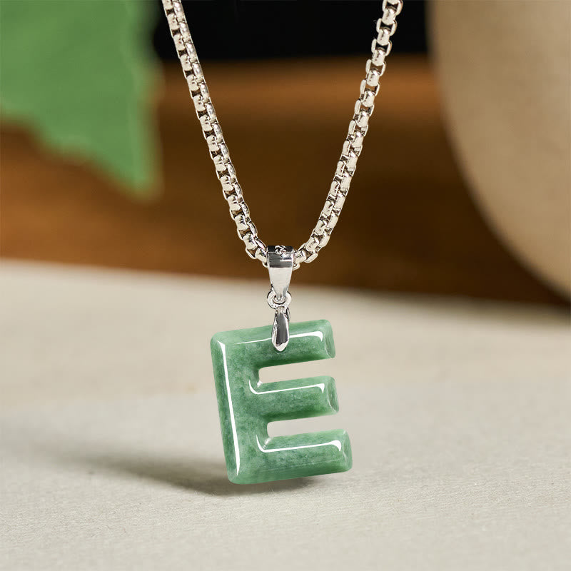 Buddha Stones Natural A-Z Letter Jade Titanium Steel Wide Chain Prosperity Necklace Pendant - E - image 13
