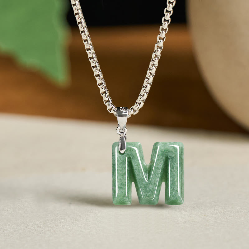 Buddha Stones Natural A-Z Letter Jade Titanium Steel Wide Chain Prosperity Necklace Pendant - M - image 21