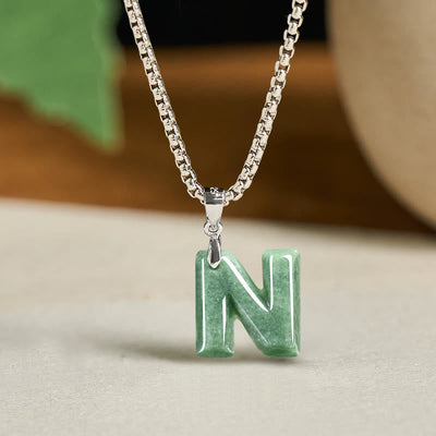 Buddha Stones Natural A-Z Letter Jade Titanium Steel Wide Chain Prosperity Necklace Pendant - N - image 22