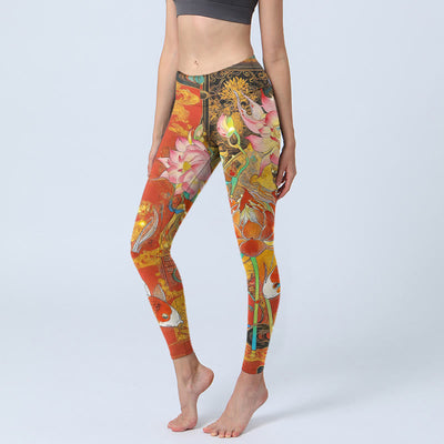 Buddha Stones Koi Fish Lotus Cloud Pattern Print Gym Leggings Women's Yoga Pants - Tomato - US18，UK/AU22，EU50 (4XL) - image 0
