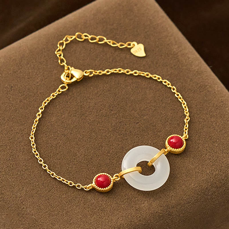 Foviel Peace Buckle Hetian White Jade Copper Plated Gold Protection Bracelet