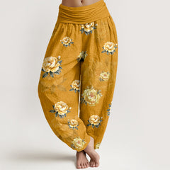 Buddha Stones Cotton Delicate Peony Pattern Women's Elastic Waist Harem Pants - Goldenrod - US16，UK/AU20，EU48 (3XL) - image 0
