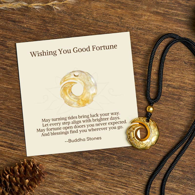 Buddha Stones "Wishing You Good Fortune" 24k Gold Plated Brass Peace Buckle Black Rope Necklace Includes Gift Message Card - Peace Buckle - Standard Gift Box - image 0
