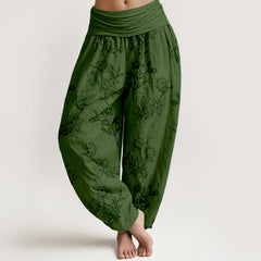 Buddha Stones Cotton Simple Flower Bud Pattern Women's Elastic Waist Harem Pants - DarkGreen - US16，UK/AU20，EU48 (3XL) - image 0
