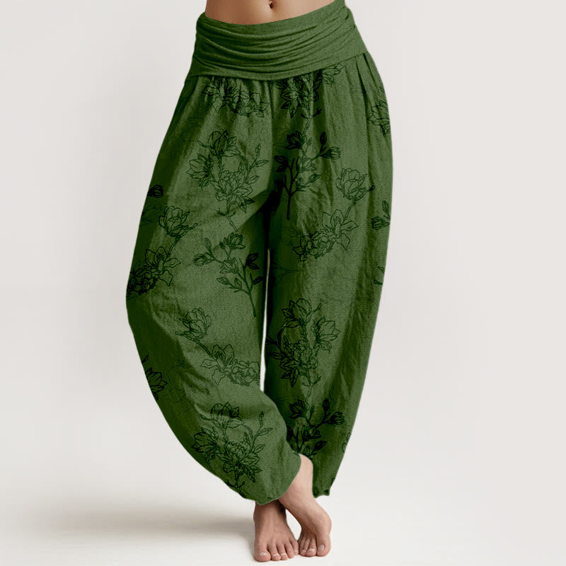 Buddha Stones Cotton Simple Flower Bud Pattern Women's Elastic Waist Harem Pants - DarkGreen - US16，UK/AU20，EU48 (3XL) - image 0