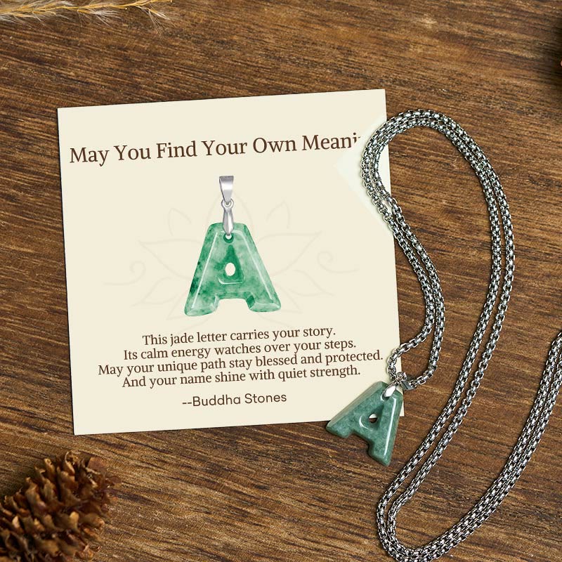 Buddha Stones "May You Find Your Own Meaning" Natural A-Z Letter Jade Titanium Steel Chain Necklace Includes Gift Message Card - A - Titanium Steel Chain(One Pendant) - Standard Gift Box - image 1
