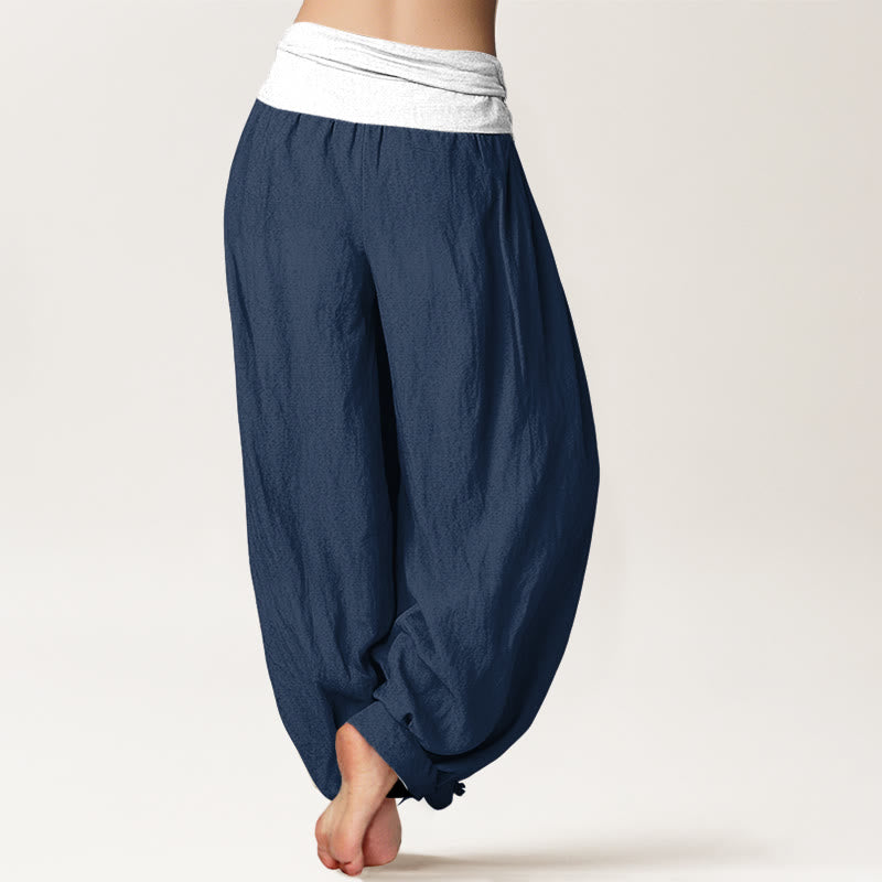 Buddha Stones Cotton Blue Black Gray Solid Color Women's Elastic Waist Harem Pants - image 1