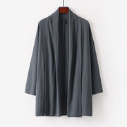 Foviel Spring Fall Solid Color Long Sleeve Mid-length Open Front Men's Kimono