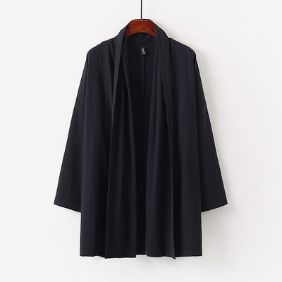 Buddha Stones Spring Fall Solid Color Long Sleeve Mid-length Open Front Men's Kimono - Black - US/UK/AU54，EU64 (9XL) - image 1