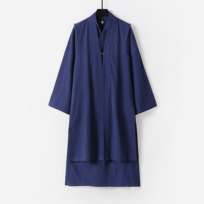 Buddha Stones 2Pcs Wudang Fall Solid Long Sleeve Men's Taoist Long Robe Sleeveless Vest Lace-up Kimono Ceremony Suit - SteelBlue - US/UK/AU54，EU64 (9XL) - image 12