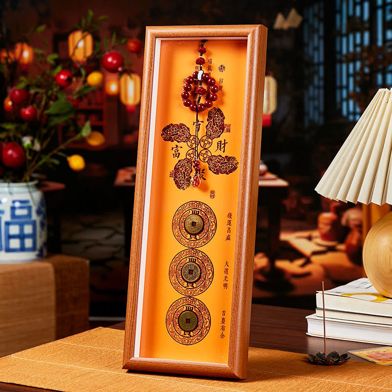 Buddha Stones Copper Coins Cinnabar Attract Fortune Blessing Photo Frame Ornament Home Decor - Style 1 - Medium Density Fiberboard(13*40*4cm) - image 0