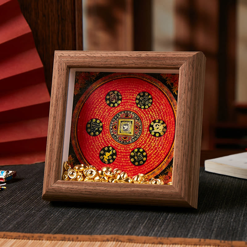 Buddha Stones Tibetan Om Mani Padme Hum Golden Ingot Thangka Photo Frame Ornament Home Decor - Style 2 - Brown Medium Density Fiberboard(10*10*4cm) - image 3