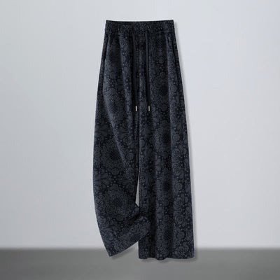 Buddha Stones Casual Floral Pattern Polyester Women's Wide Leg Pants With Pockets - MidnightBlue - US12，UK/AU16，EU44 (3XL) - image 0