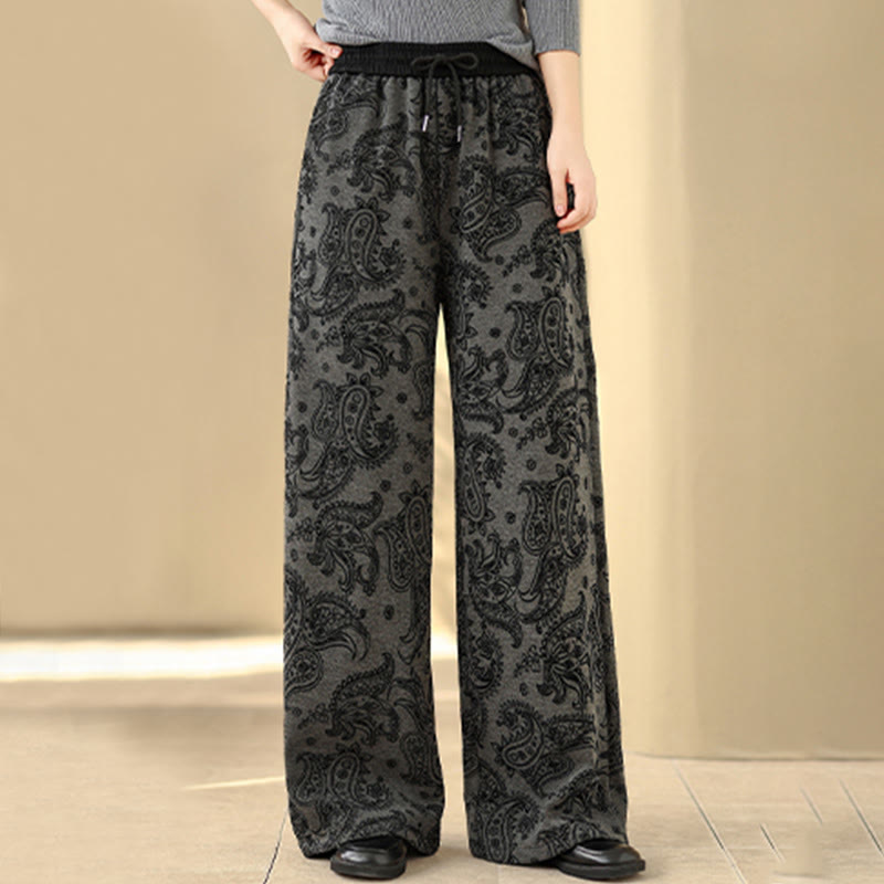 Buddha Stones Jacquard Paisley Pattern Women's Wide Leg Thermal Fleece-Lined Cotton Pants With Pockets - image 3