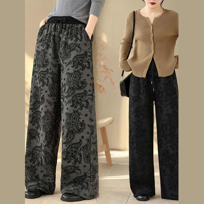 Buddha Stones Jacquard Paisley Pattern Women's Wide Leg Thermal Fleece-Lined Cotton Pants With Pockets - image 14