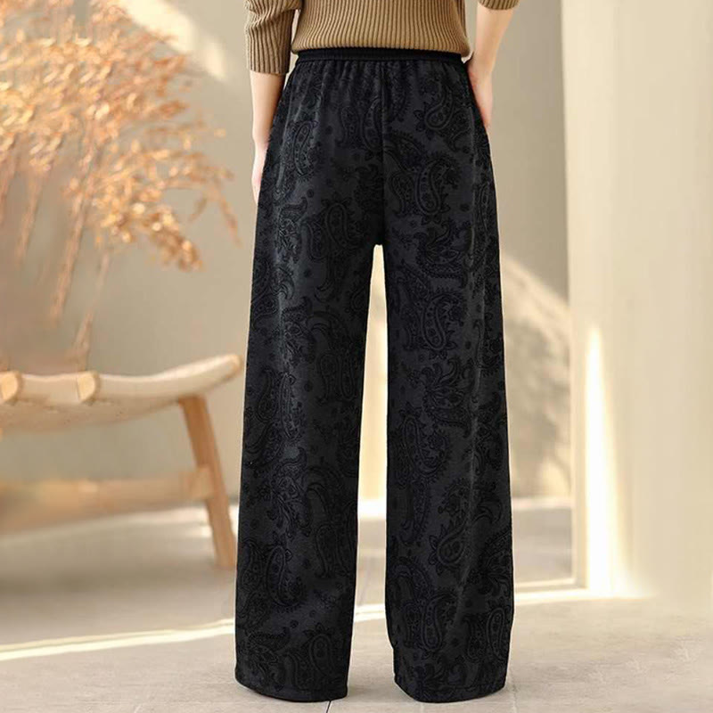 Buddha Stones Jacquard Paisley Pattern Women's Wide Leg Thermal Fleece-Lined Cotton Pants With Pockets - image 7