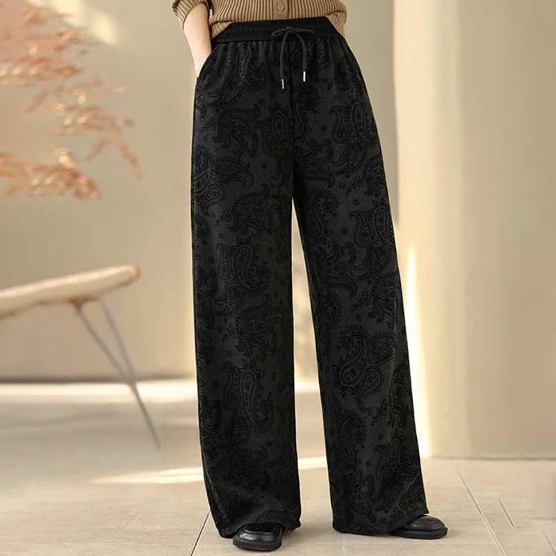 Buddha Stones Jacquard Paisley Pattern Women's Wide Leg Thermal Fleece-Lined Cotton Pants With Pockets - image 8