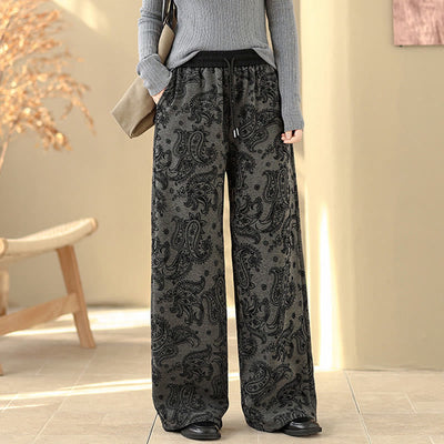 Buddha Stones Jacquard Paisley Pattern Women's Wide Leg Thermal Fleece-Lined Cotton Pants With Pockets - image 2