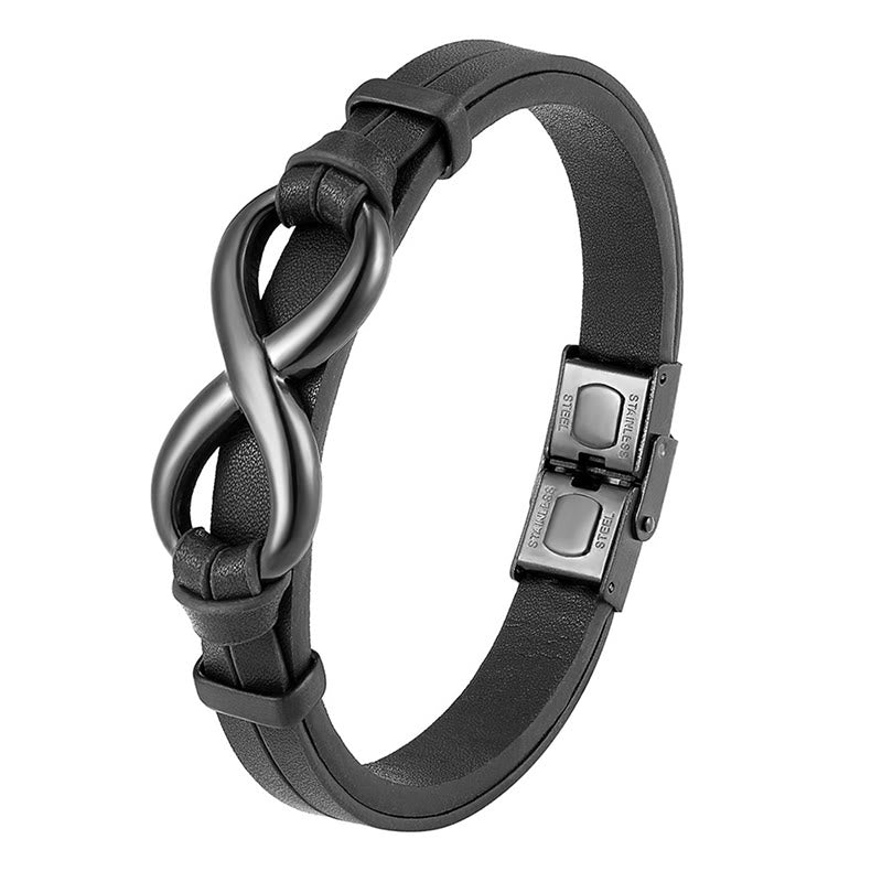 Buddha Stones Infinitely Design Titanium Steel Single Layer Leather Balance Bracelet - Black(Wrist Circumference: 19-21cm) - image 0