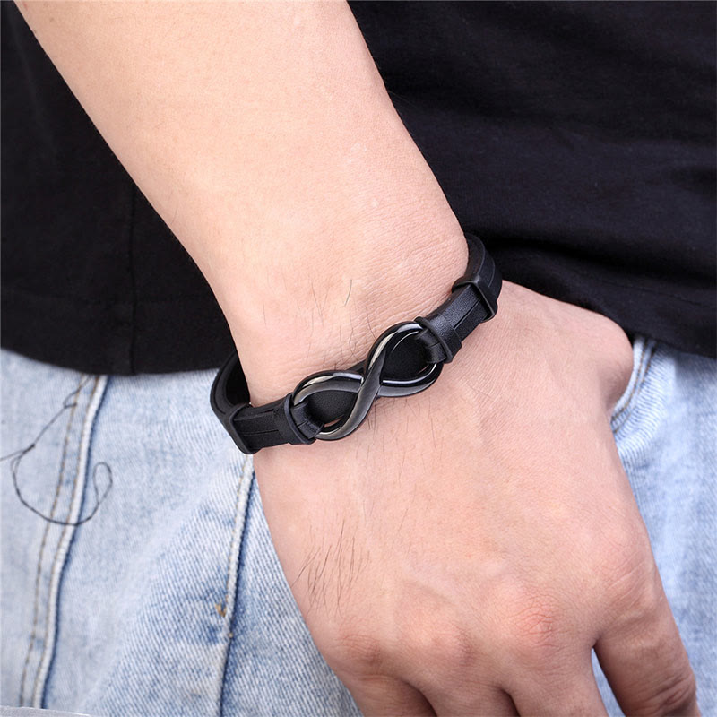Buddha Stones Infinitely Design Titanium Steel Single Layer Leather Balance Bracelet - image 4
