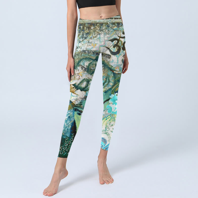 Buddha Stones Om Symbol Human Figure Peacock Lotus Pattern Print Gym Leggings Women's Yoga Pants - image 5