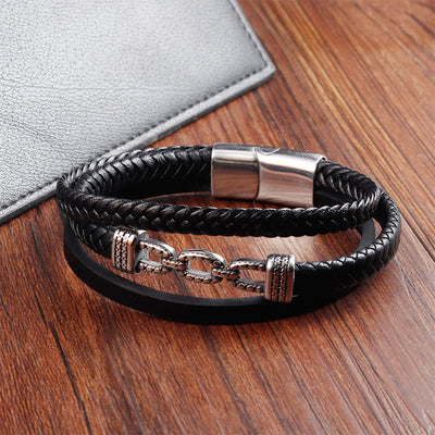 Buddha Stones Handmade Chain Link Design Titanium Steel Leather Strengthen Bracelet - image 4