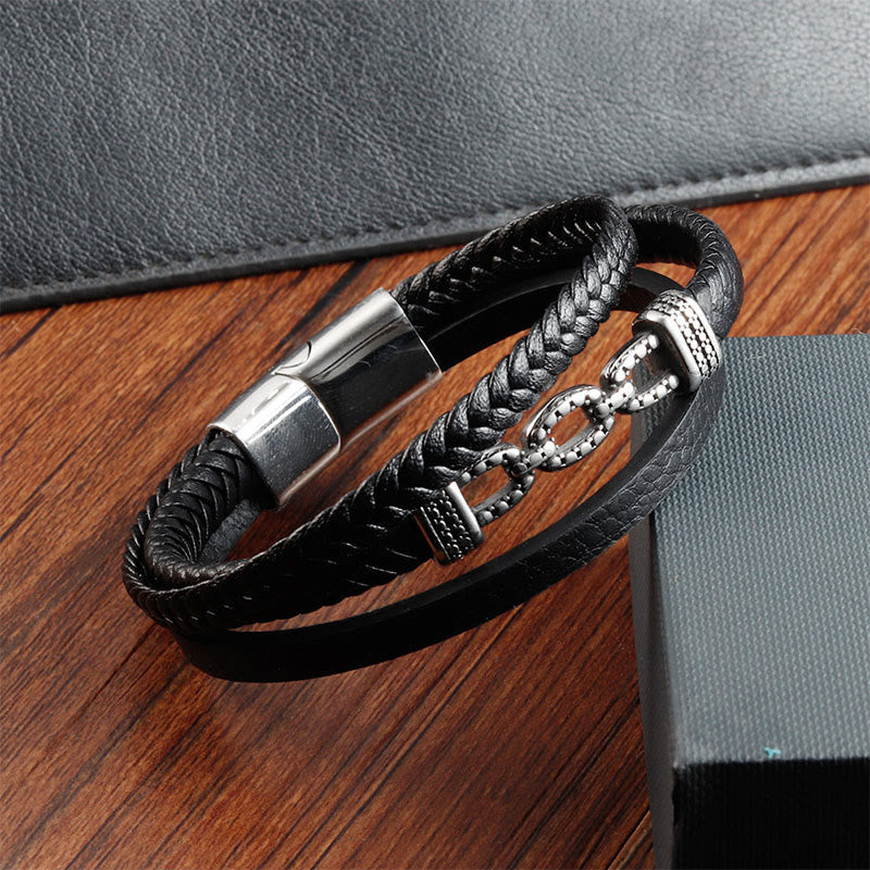 Buddha Stones Handmade Chain Link Design Titanium Steel Leather Strengthen Bracelet - image 3