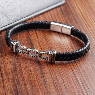 Buddha Stones Handmade Chain Link Design Titanium Steel Leather Strengthen Bracelet - image 11